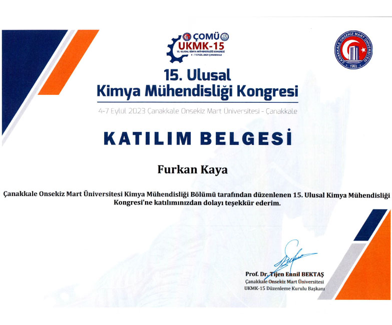15. ULUSAL KİMYA MÜHENDİSLİĞİ KONGRESİ 4-7 EYLÜL 2023